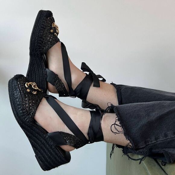 Aerosoles Scarlett Raffia Espadrille Wedge Sandal Ribbon Ankle Wrap Strap - Picture 1 of 15